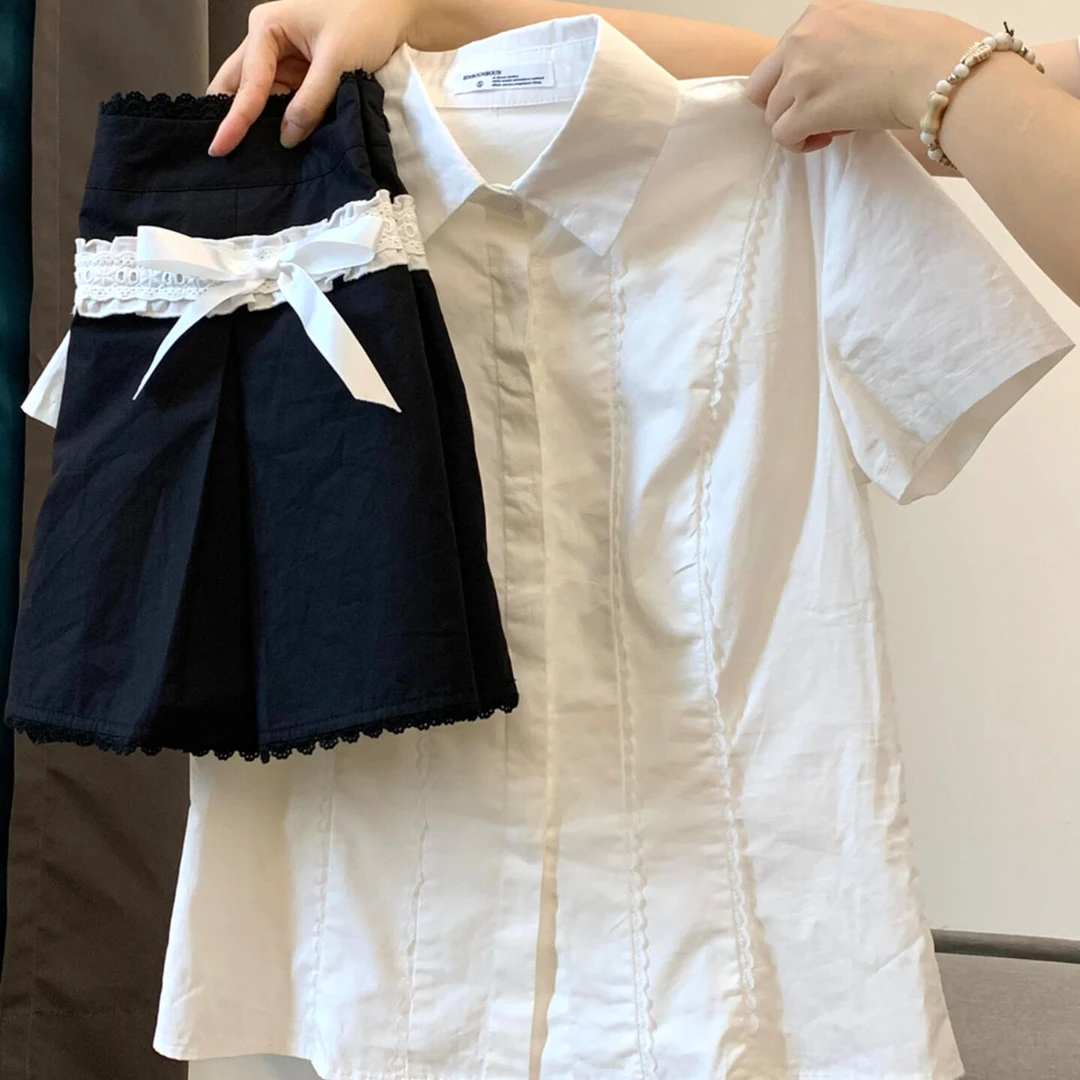 2025夏季新款韩系小清新学院风拼接花边正肩衬衫蝴蝶结黑色百褶裙