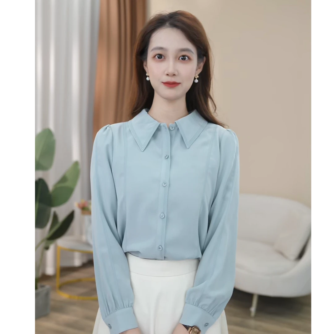【早鸟价】淡蓝色长袖衬衫女轻奢设计感通勤职业衬衣8393071【清清】