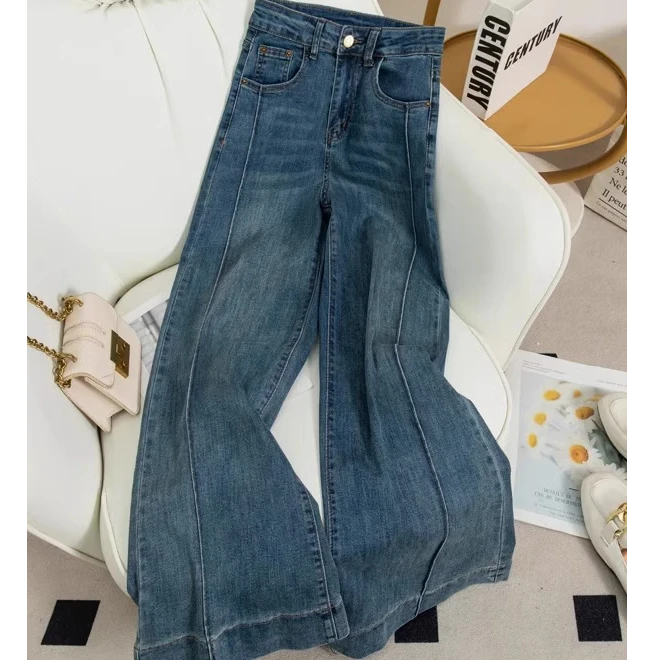 2025春季新款蓝色牛仔长裤女韩版复古百搭高腰修身显瘦微喇裤子