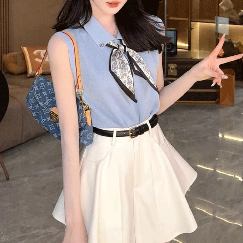 香朵儿洋气衣服女士气质套装2025夏新款无袖上衣收腰短裙裤两件套