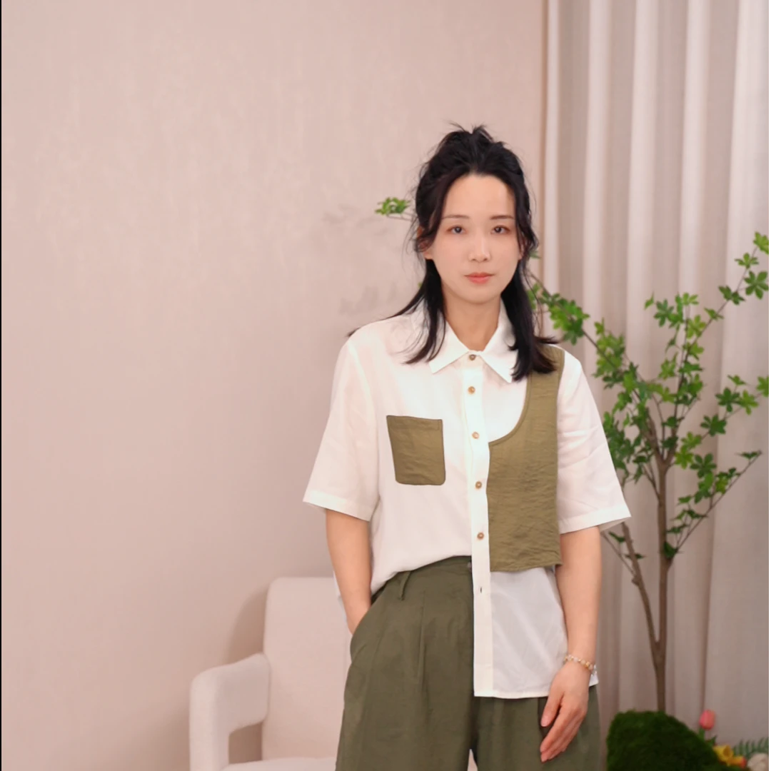 MILIAN/觅恋533衬衫时尚休闲夏季拼接撞色宽松舒适不规则设计感