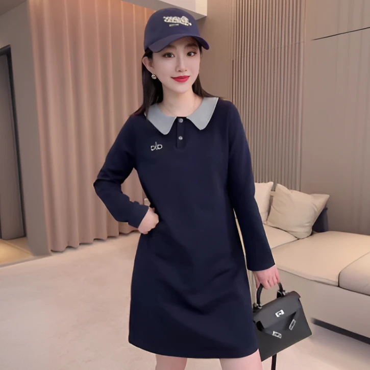 秋季梦幻风不褪色长袖高腰中长款连衣裙娃娃领polo气质减龄百搭