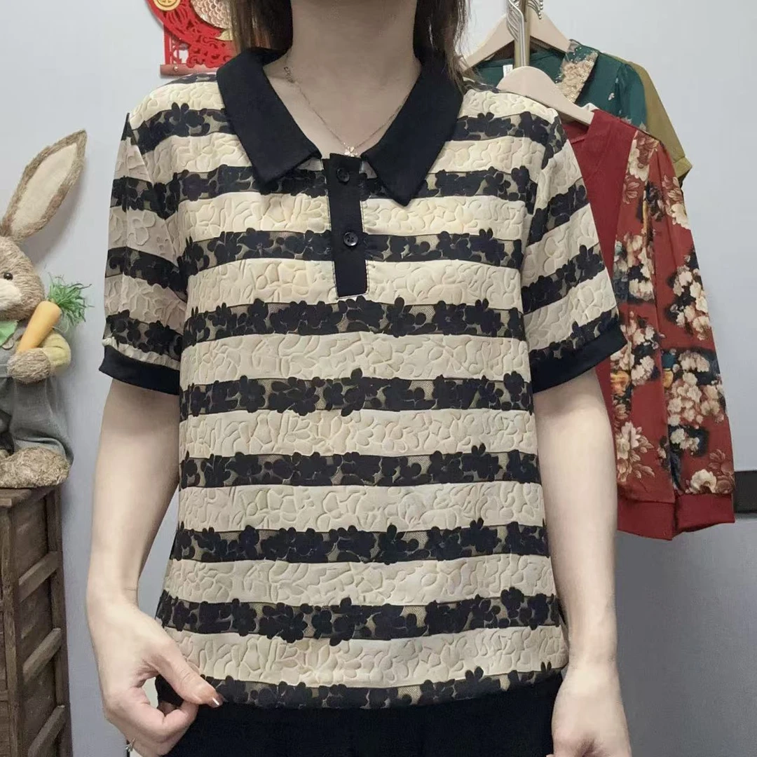 【丽姐家】夏季新款妈妈装短袖时尚百搭翻领条纹显示上衣