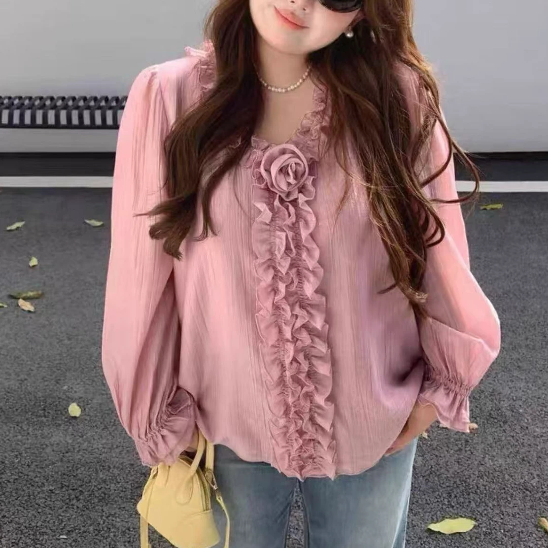 婷婷家玫瑰V领衬衣女装秋季复古宽松上衣精致衬衫