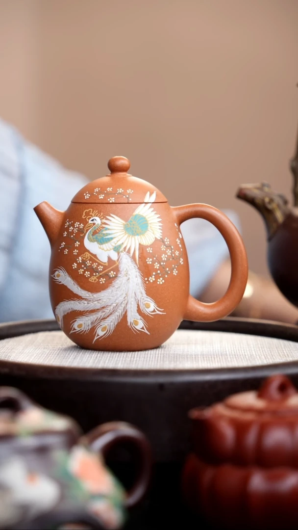 茶壶紫砂金砂段泥龙蛋泥绘白凤