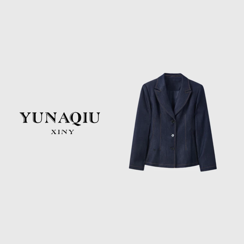 YUNAQIU-气质时尚女士毛呢设计师秋季粗花呢牛仔外套-8615