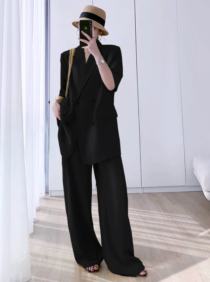 【夏季明星】薄款短袖西装女2025夏季时尚透气抗皱免烫阔腿裤两件套