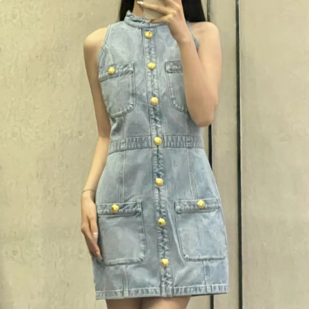 99新 BALMAIN/巴尔曼 36码 蓝色 四口袋 无袖 牛仔 连衣裙