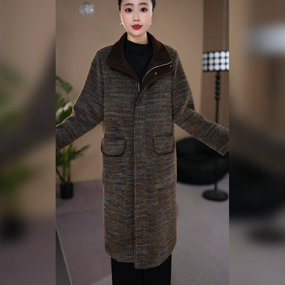 冬季大码女装宽松长款立领加厚毛呢外套显瘦过膝中长款呢子大衣