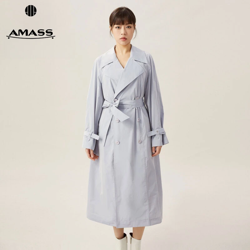 阿玛施AMASS新款女装气质时髦通勤记忆面料长款系带女风衣5400748