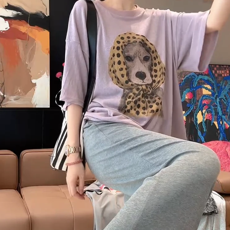 【头巾狗狗】印花T恤时尚圆领百搭慵懒狗狗潮牌短袖C5217