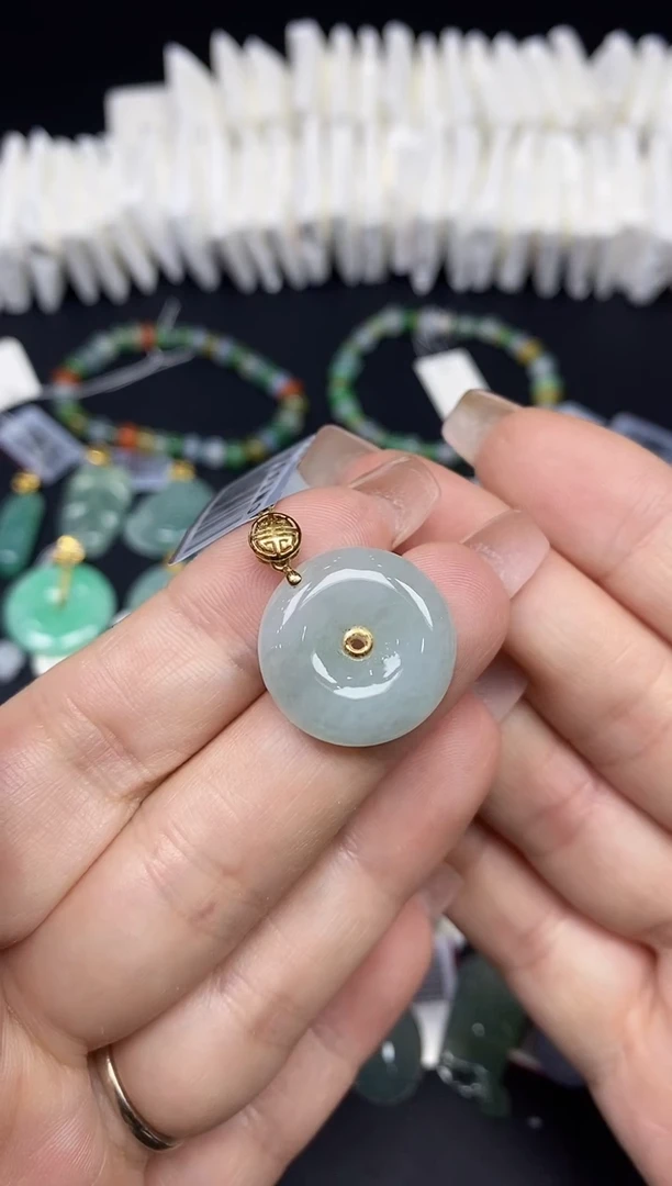 吊坠(不含链)18K金镶嵌翡翠平安扣18K金扣镶嵌@@CMT555