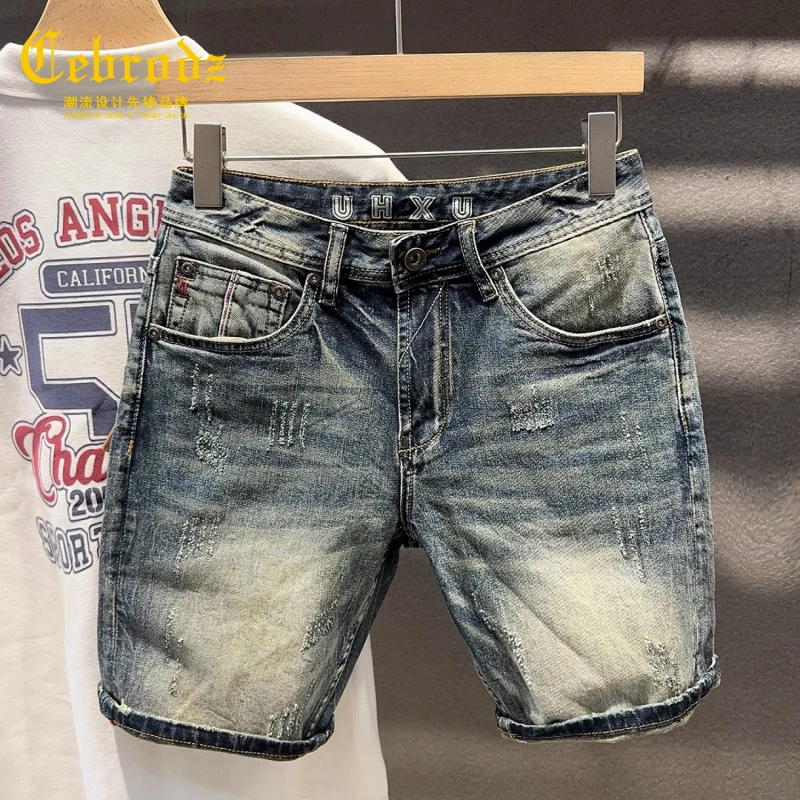 法国Cebrodz复古耐磨高档牛仔短裤男刮烂修身青年五分裤硬汉5分裤