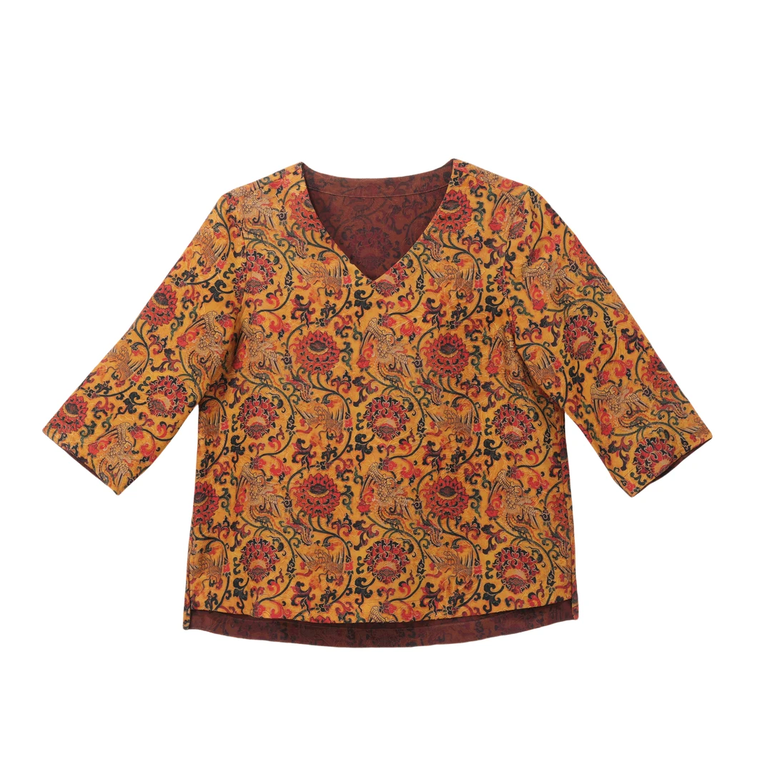 花翎-YZQS258381新中式香云纱V领短袖桑蚕丝上衣中国风国风气质