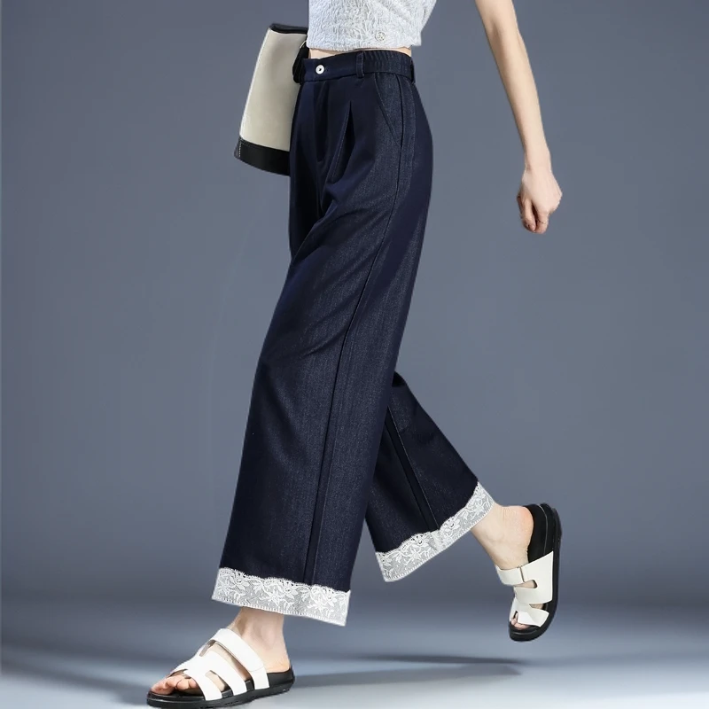丹宁蓝牛仔阔腿裤女2025新款夏季蕾丝边冰丝直筒裤女小个子九分裤