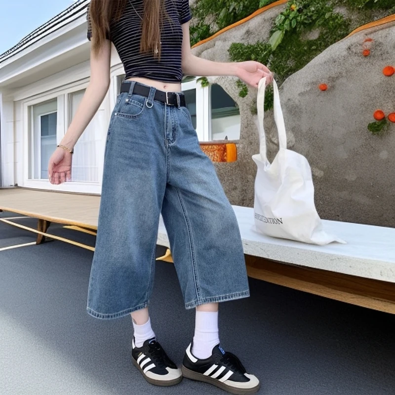 阔腿牛仔裤女2025年夏季新款7分裤子显瘦直筒中裤牛仔七分裤爆款