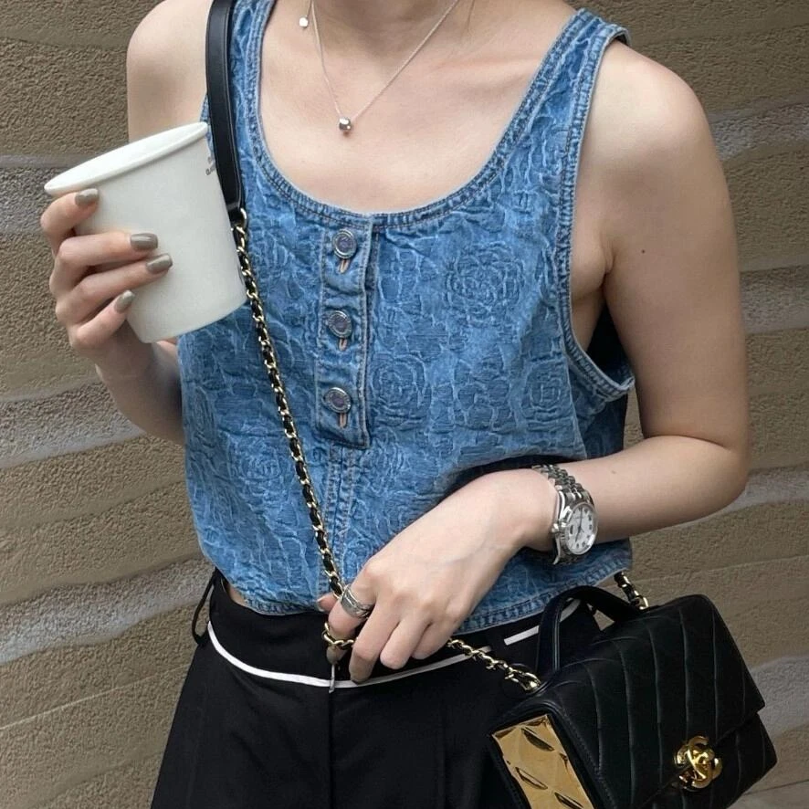 99新 Chanel/香奈儿 38码 23P春夏预告山茶花图案短款牛仔背心