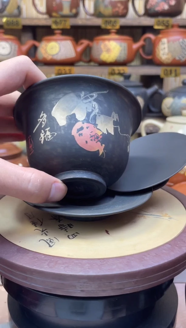 壶建水紫陶手磨彩填三才盖碗170CC