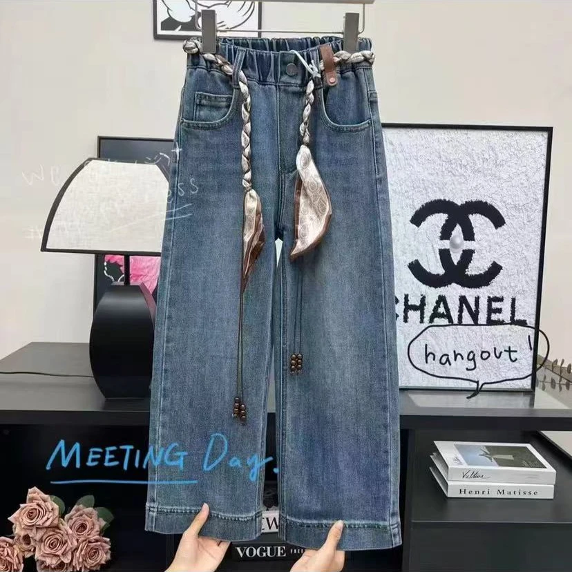 【送腰带】~2025秋季新款女童时髦洋气水洗牛仔直筒休闲裤10281