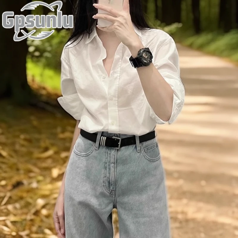 gpsunlu夏季衬衣新款女白色衬衫小个子高级白月光女款缎面衬衫