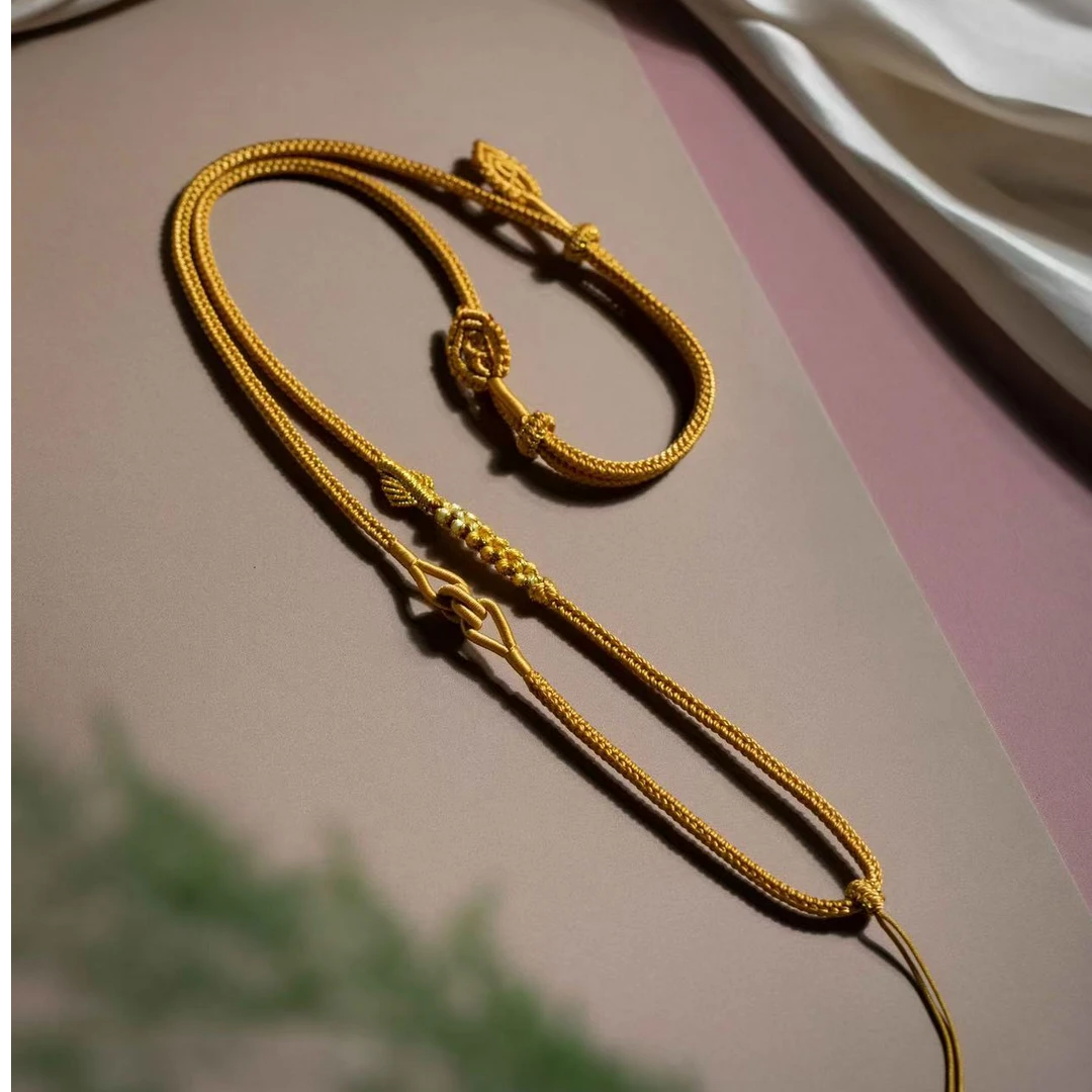 纯手工编织项链吊坠绳一叶结桃花黄色配色BG-063金色时尚可调节