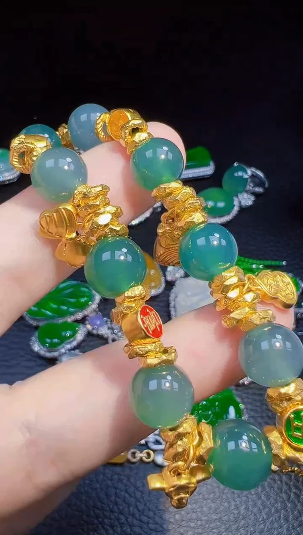 足金镶嵌手链翡翠小*茹翡翠