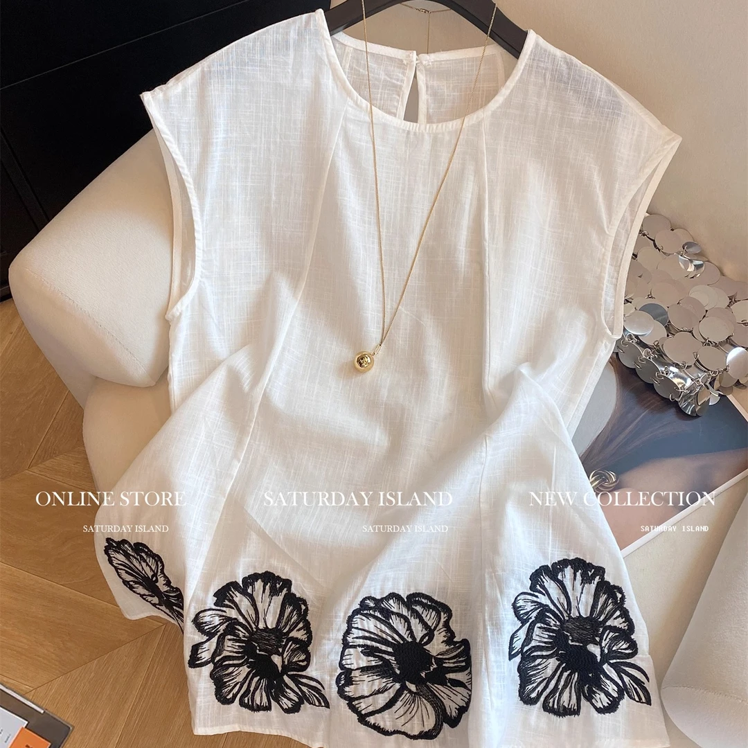 新中式重工刺绣印花圆领小飞袖衬衫女2025夏季高级感洋气别致上衣