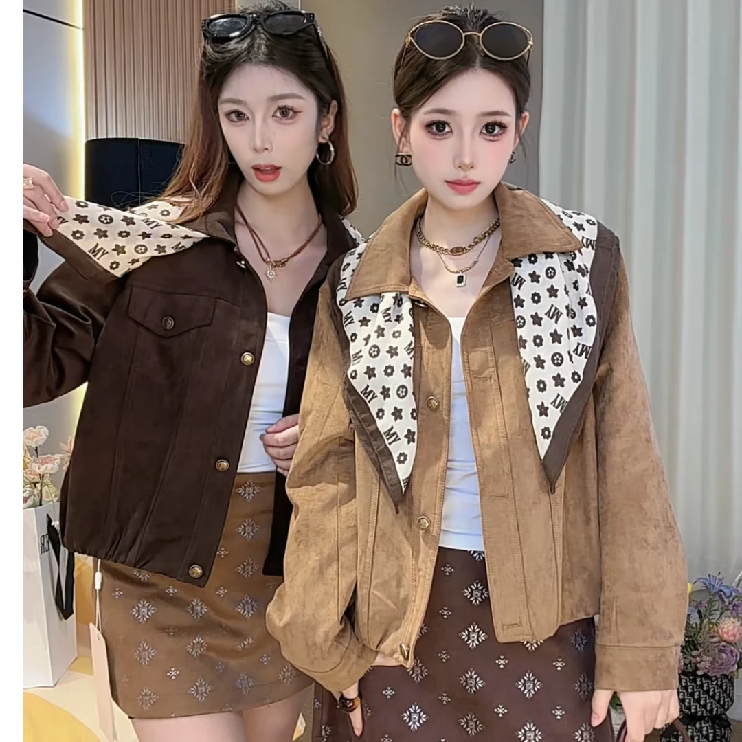 翻领配丝巾麂皮绒外套女2025秋新款宽松显瘦气质长袖夹克上衣