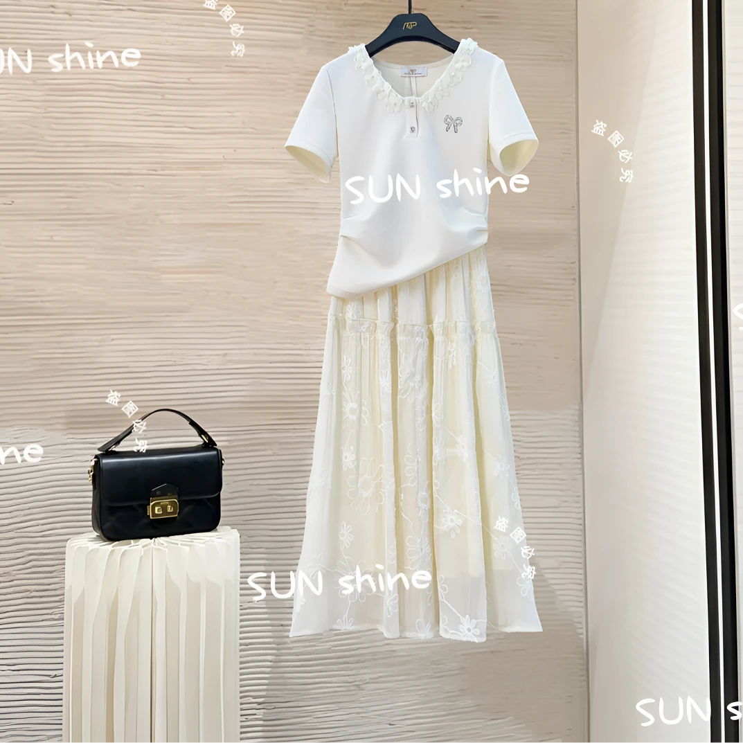 【火火】设计师款夏季休闲上衣+半身裙显瘦减龄套装两件套-AGP-W105
