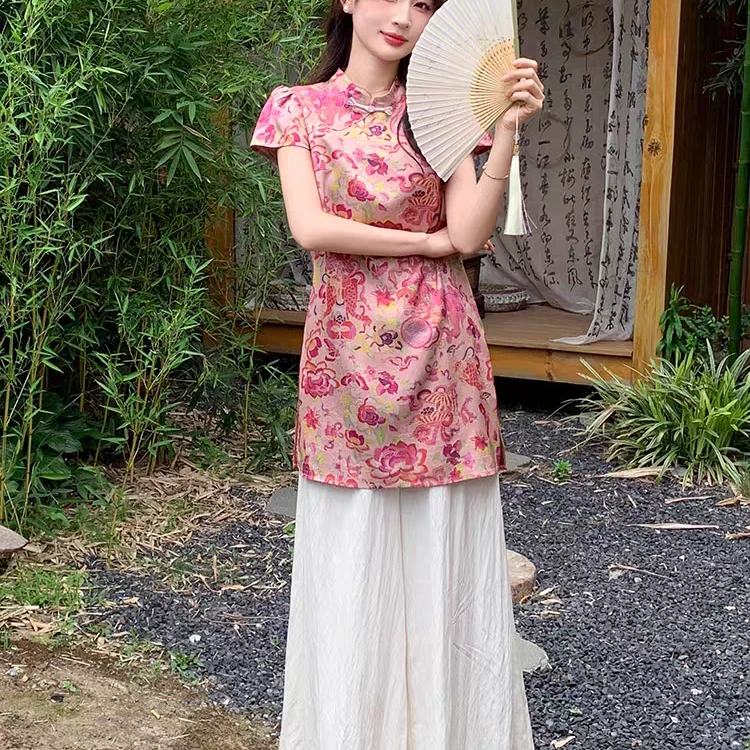 6072新中式盘扣旗袍上衣+阔腿裤两件套女欧货夏季新款时尚套装