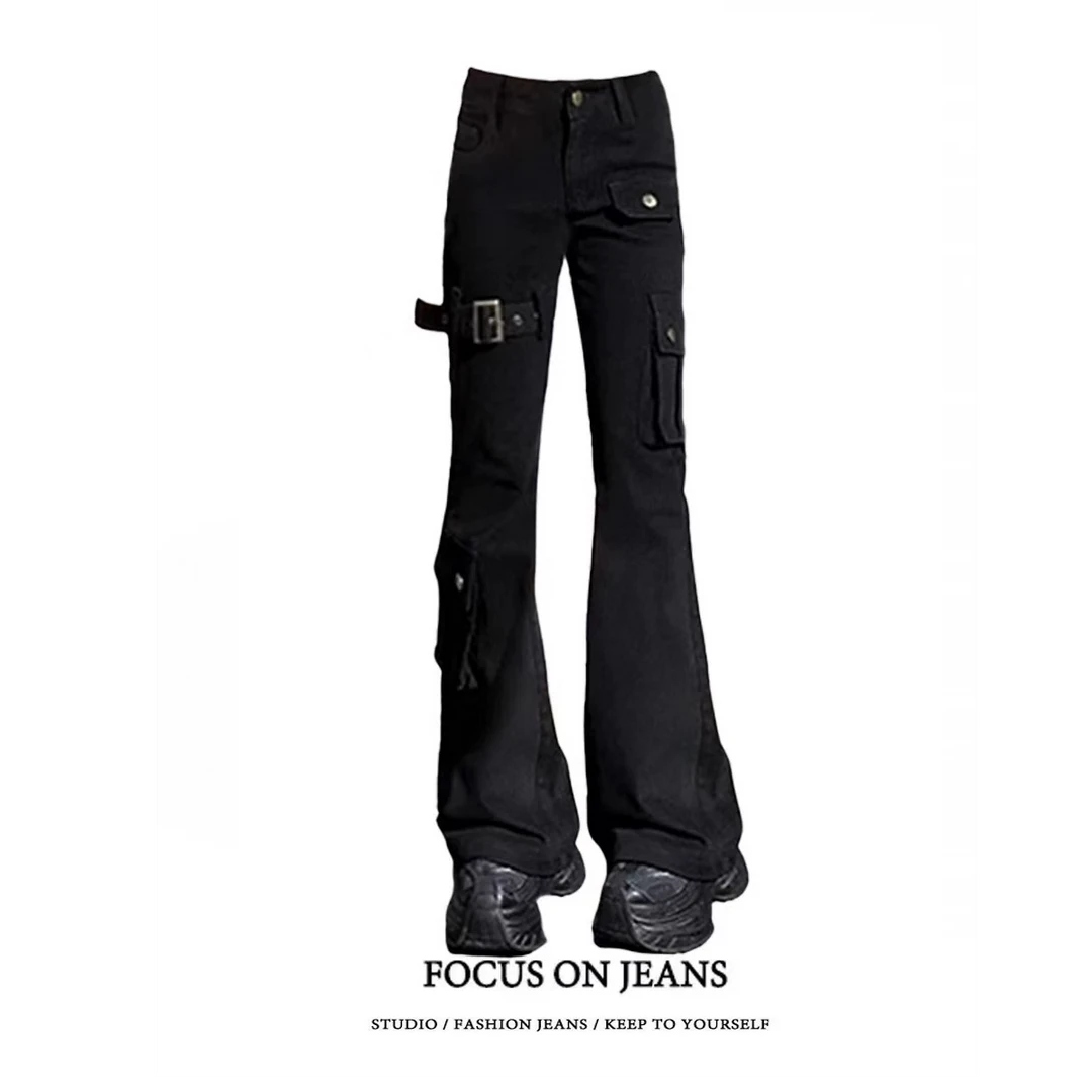 黑色重工微喇叭工装牛仔裤女2025春秋小个子显高显瘦低腰马蹄裤子