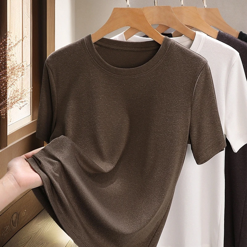【巴黎印象】莱赛尔天丝亚麻面膜T恤女夏季短袖薄款打底衫2025新款