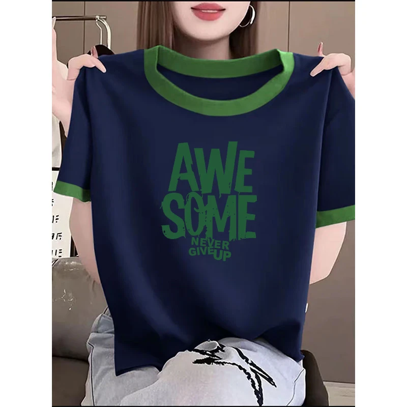 2025新款正肩拼色圆领短袖t恤女ins休闲百搭洋气撞色灰色上衣夏