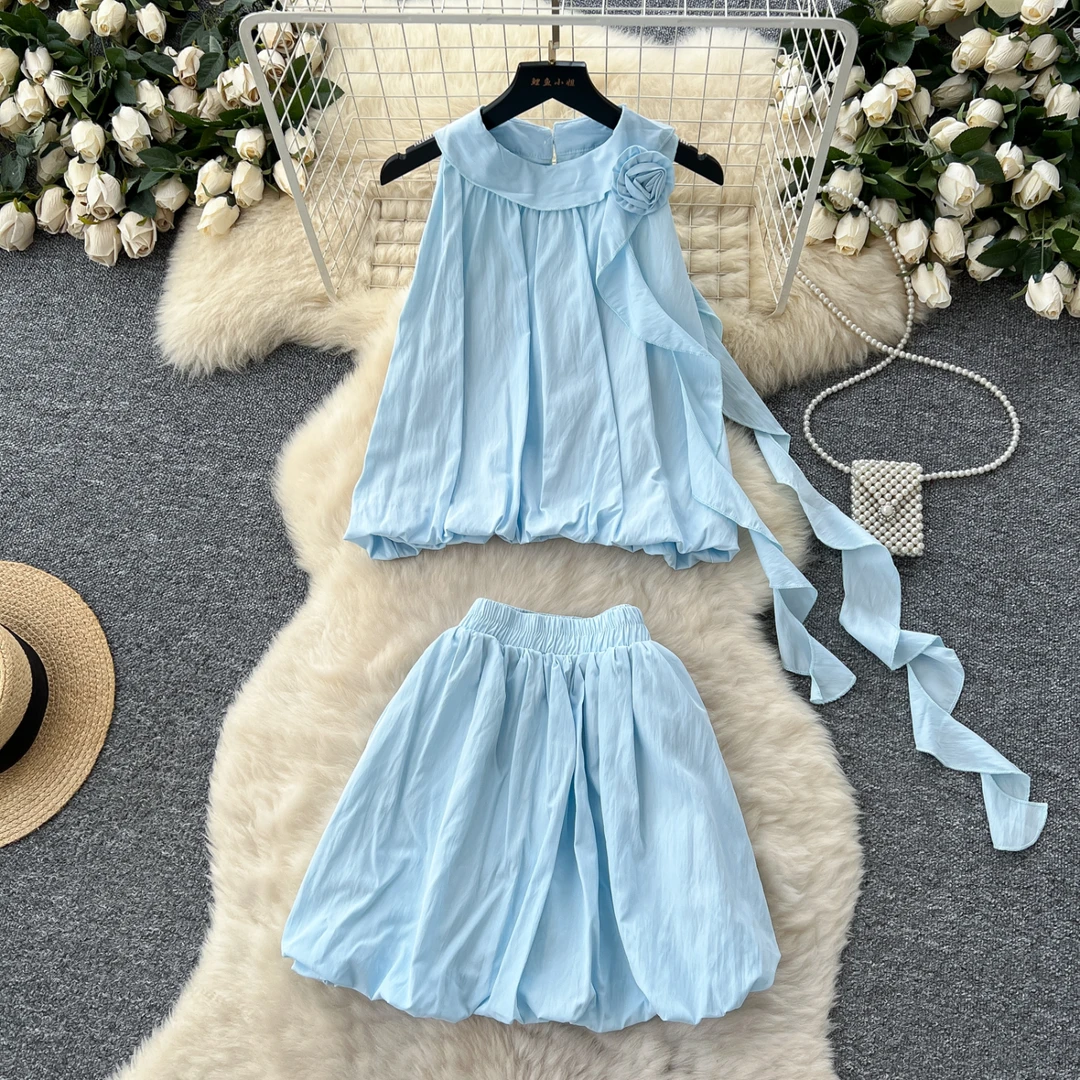 法式洋气氛围感穿搭立体花朵挂脖无袖飘带上衣+高腰花苞半身裙