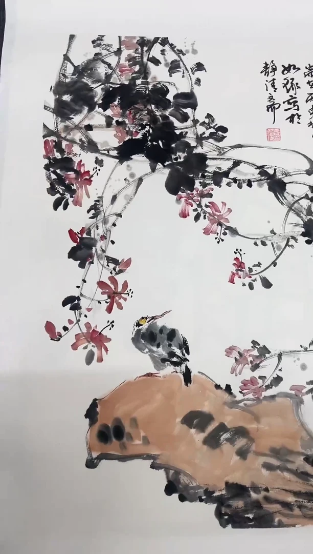 竖款精品开三花鸟