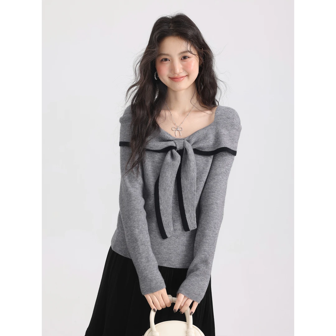 【福利】299大码高级感蝴蝶结毛衣女方领2025新款秋冬针织衫上衣