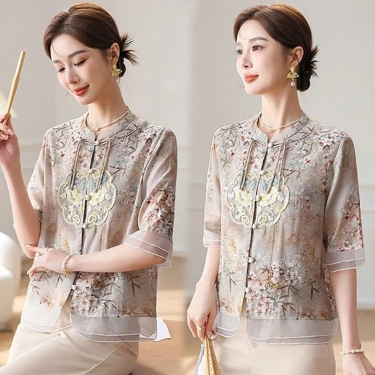 常熟新中式妈妈装洋气2024套装时尚中年短袖中老年夏季复古上衣