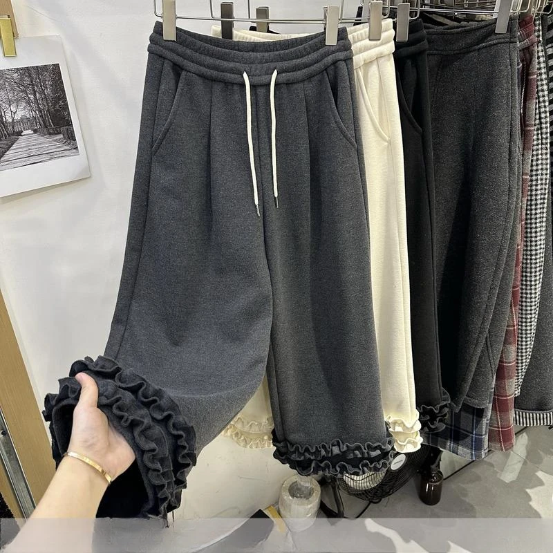 韩系设计感花边拼接加厚休闲裤女2024冬季新款高腰显瘦直筒阔腿裤
