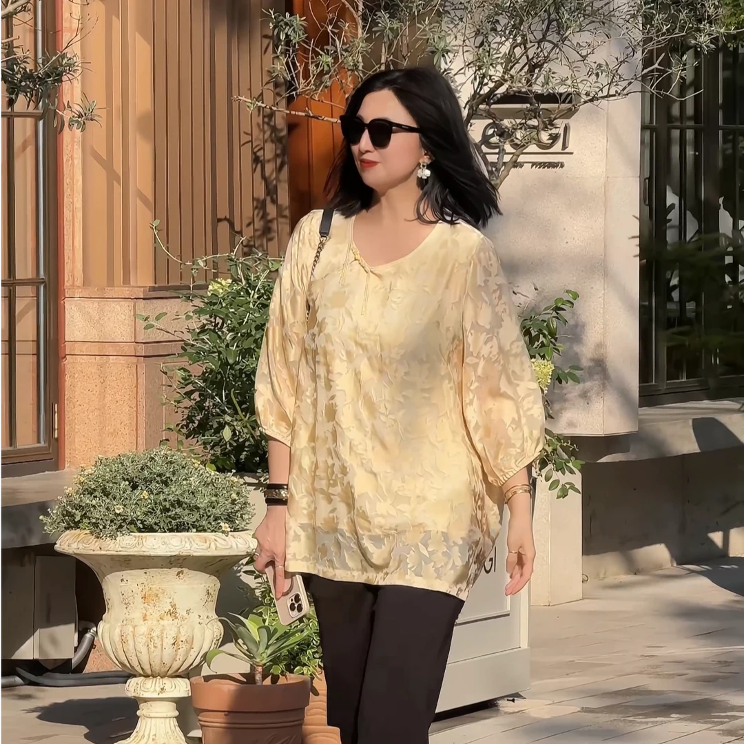 【娜姐中式80026黄色款】2025年巴瑟大码女装宽松显瘦百搭潮流裙