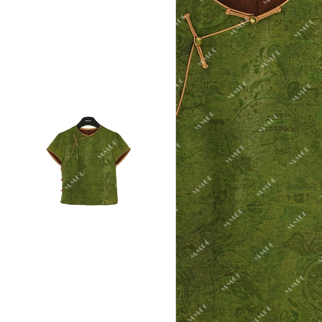 仫赐【青青子衿】新中式国风高定绿色盘扣短袖夏轻奢上衣LYGSY1095