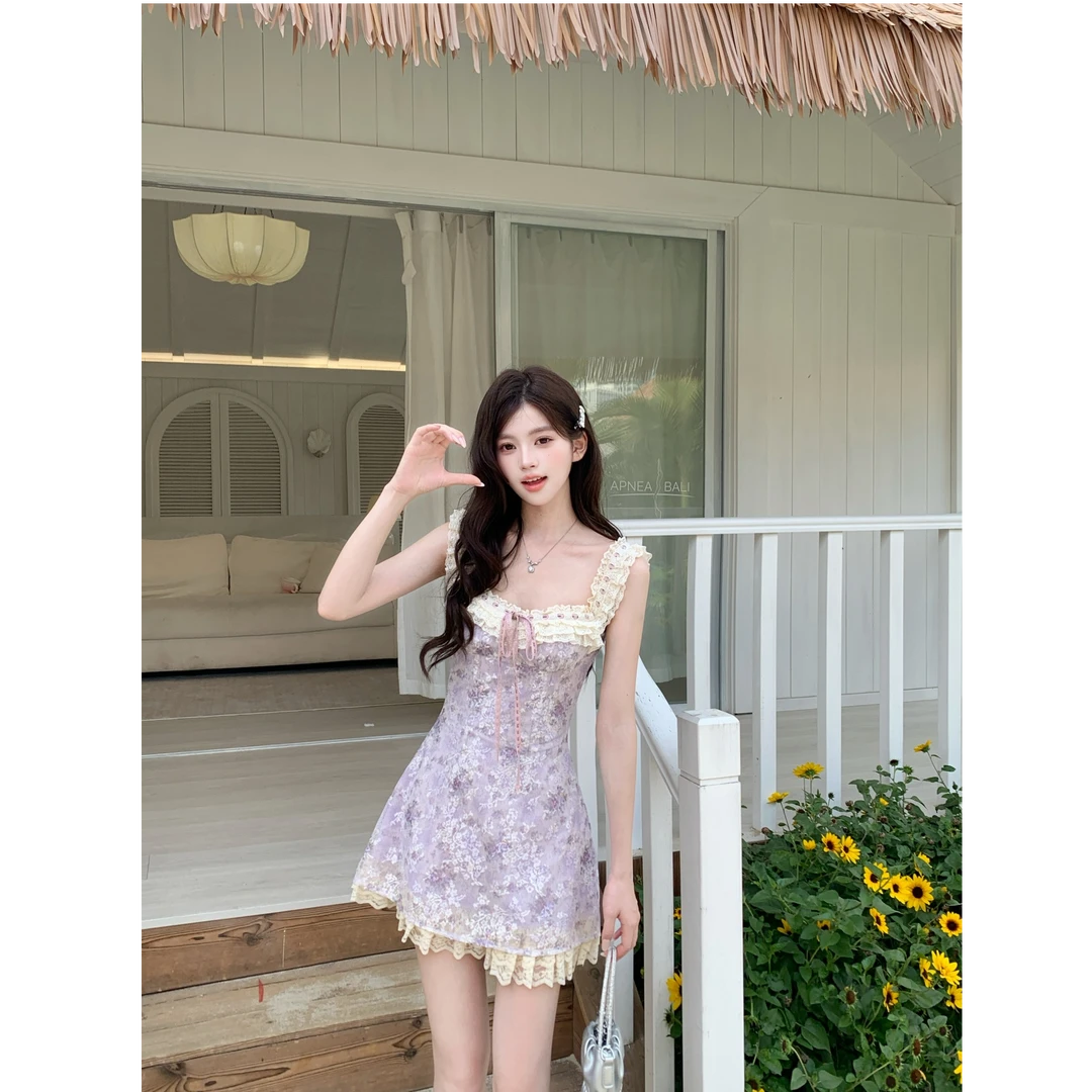 越韩小鱼Musefish 爱神的油画紫色 法式少女蕾丝边连衣裙纯欲女夏