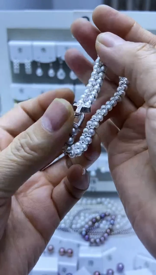银S925镶嵌手串淡水珍珠双排手串