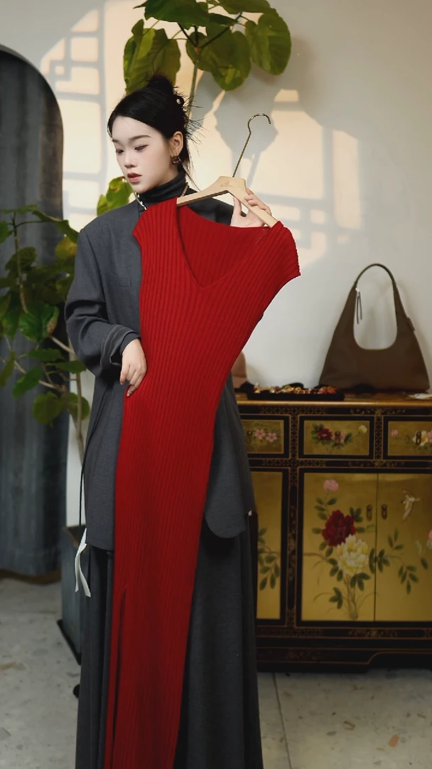 盖袖v、领前侧开叉连衣裙 均码