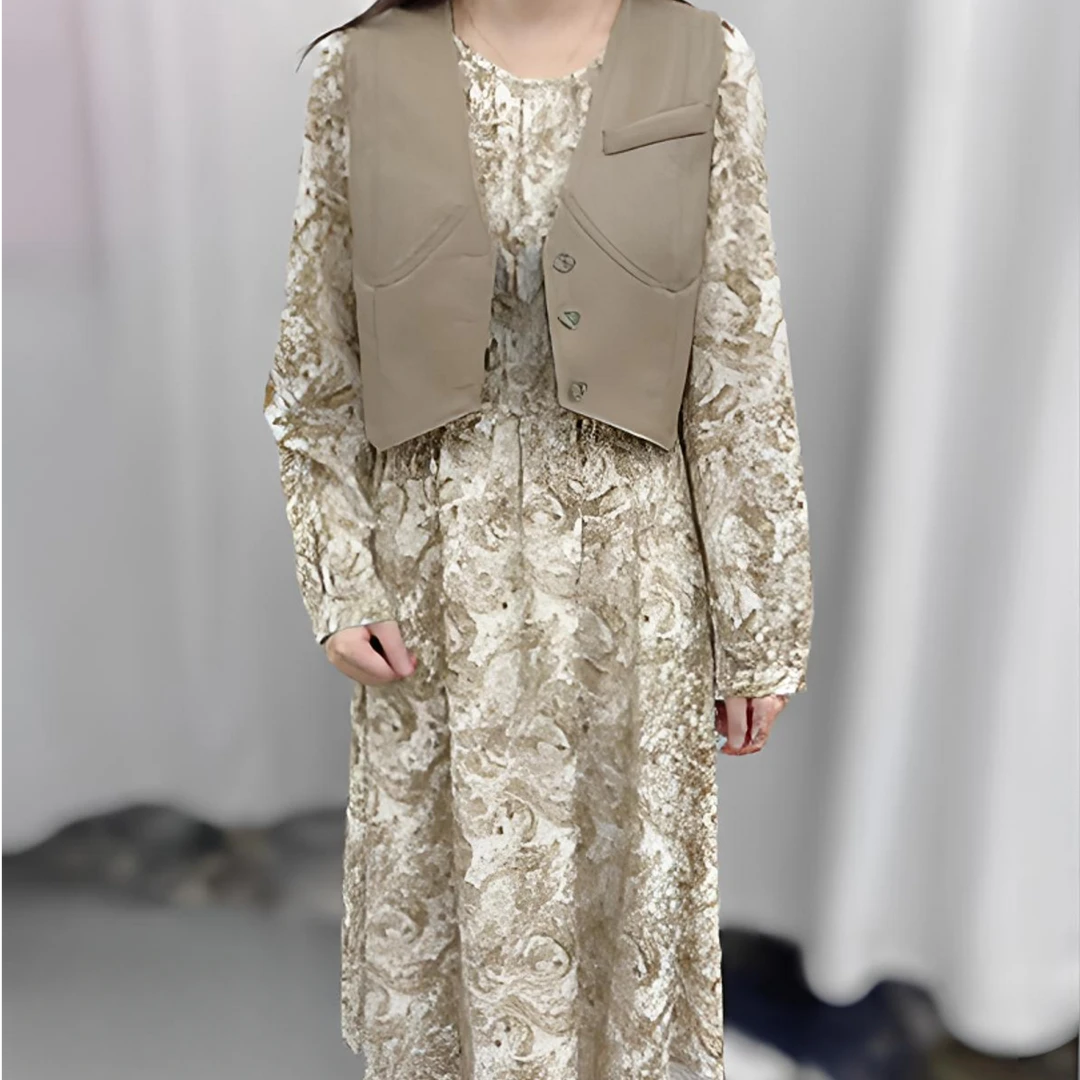 【小依专享】D1336516B时尚休闲百搭马甲+气质蕾丝连衣裙套装-6516