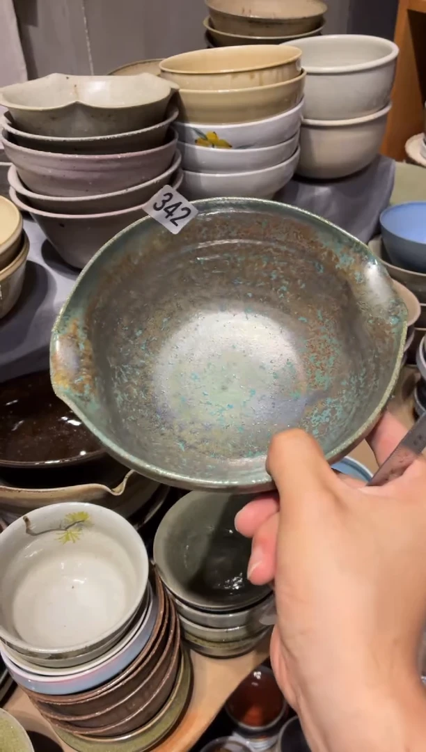 瓷片陈*342粗陶手工双耳面碗1个