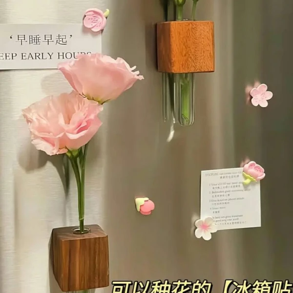 ^DIY氛围创意装饰磁贴试管zakka花瓶高级感实木插花器磁吸冰箱贴
