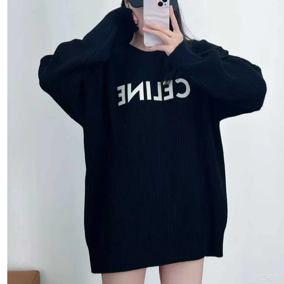 99新 Celine/思琳 S码黑色拼白色字母长袖针织上衣