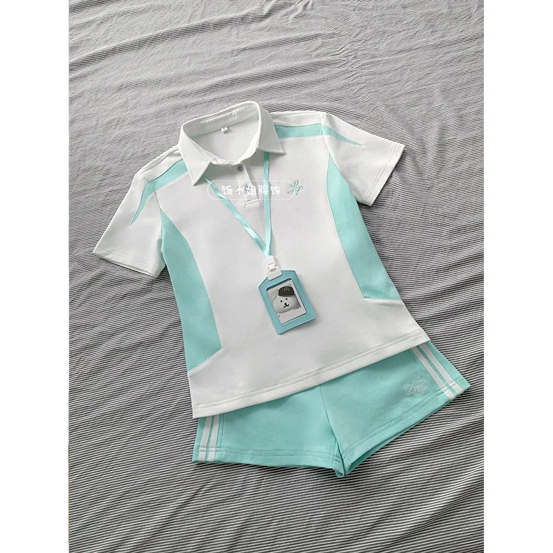 饭小姐原创新品体操服排球服套装学院风刺绣上衣运动短裤多色套装