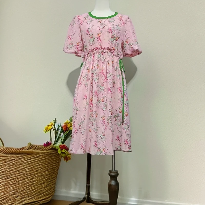 夏季圆领碎花系带收腰遮肉连衣裙F212