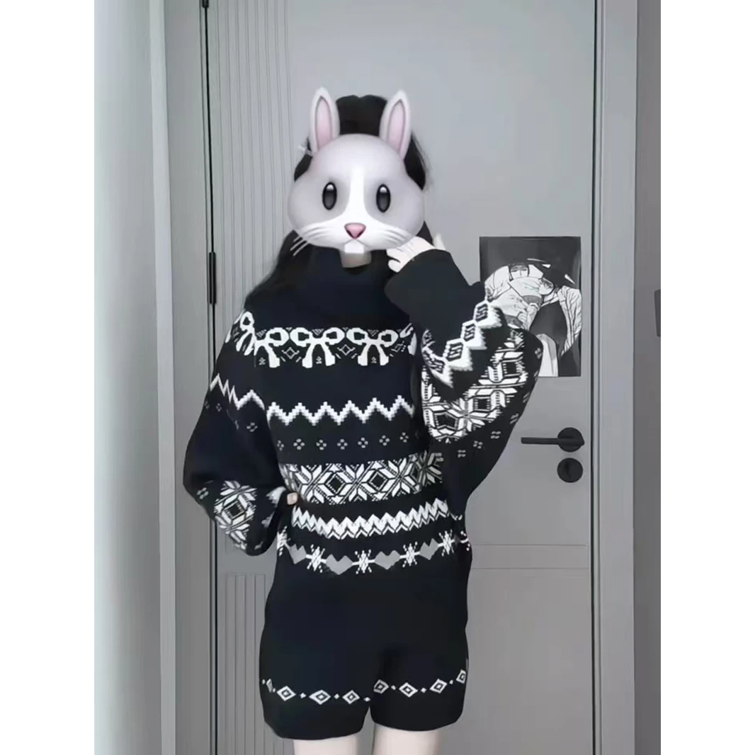 费尔岛蝴蝶套装女秋冬季新款长袖宽松慵懒毛衣显瘦高腰短裤两件套